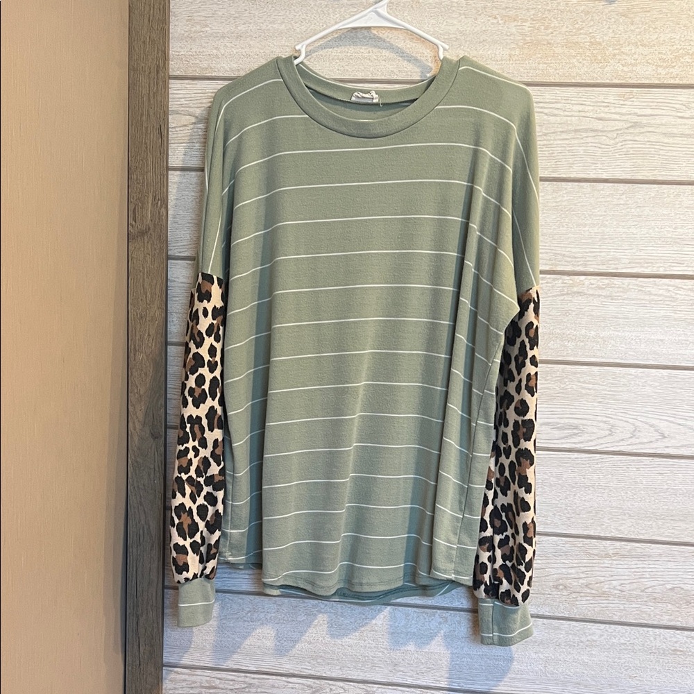 Striped Green and Leopard Sleeve Women's Top